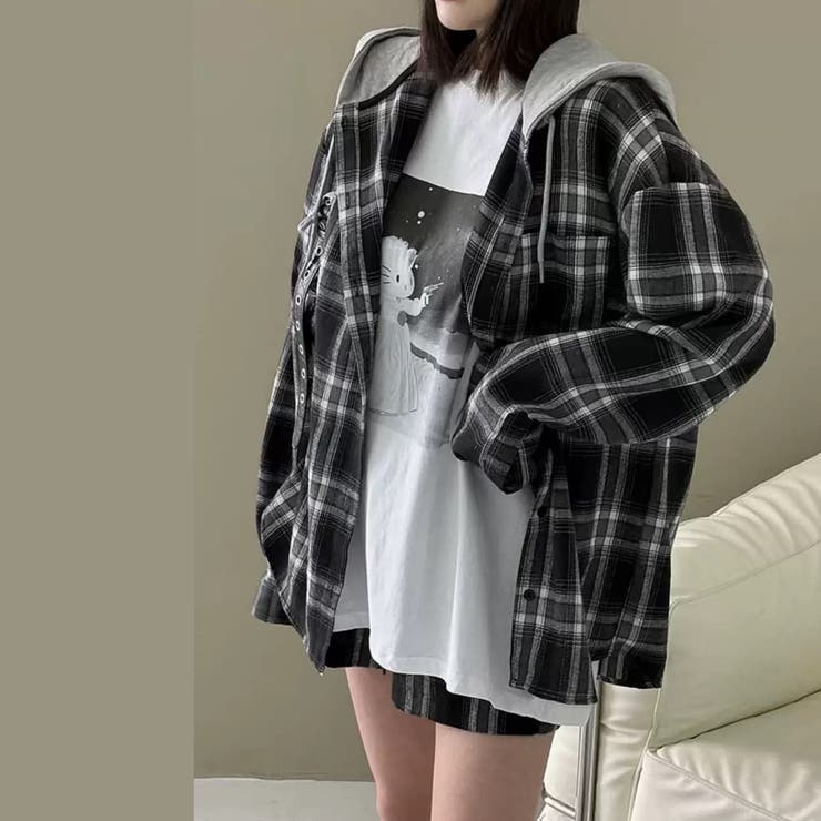 フード付きゆったりチェック柄シャツ | Alvia | 詳細画像14 