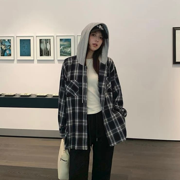 フード付きゆったりチェック柄シャツ | Alvia | 詳細画像9 