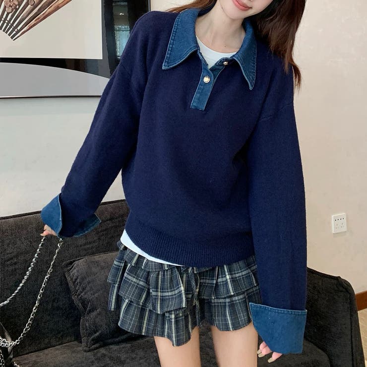 ネイビー | デニム切替フェイクレイヤードニットトップス | Alvia