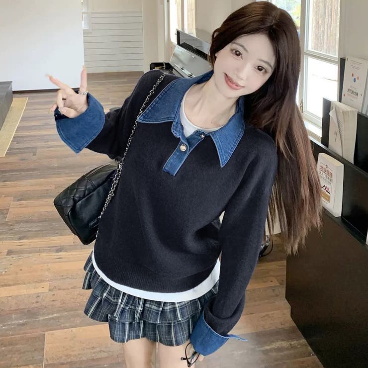 デニム切替フェイクレイヤードニットトップス | Alvia | 詳細画像9 