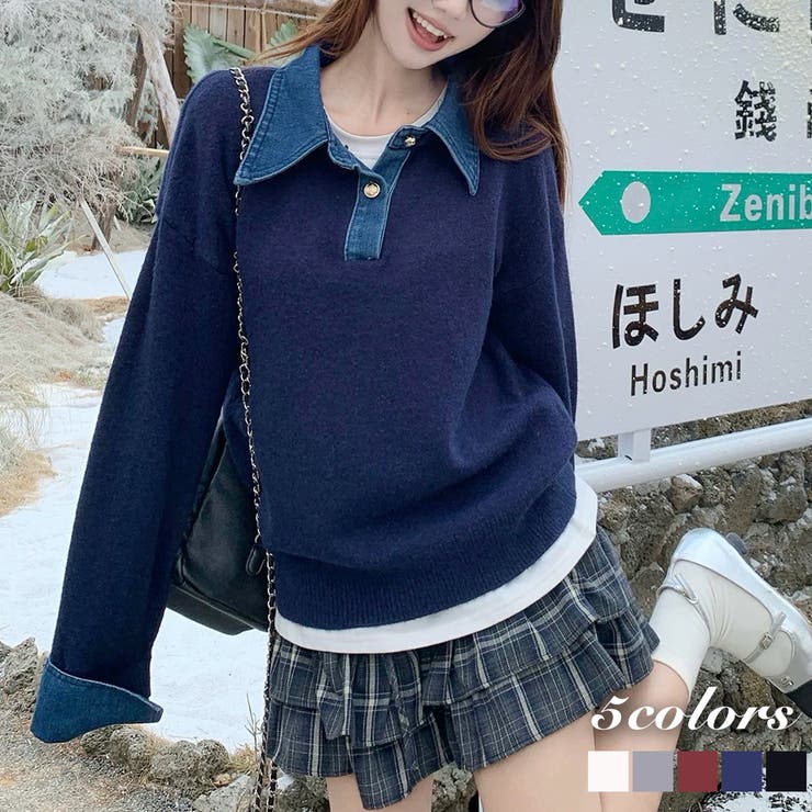 デニム切替フェイクレイヤードニットトップス | Alvia | 詳細画像1 