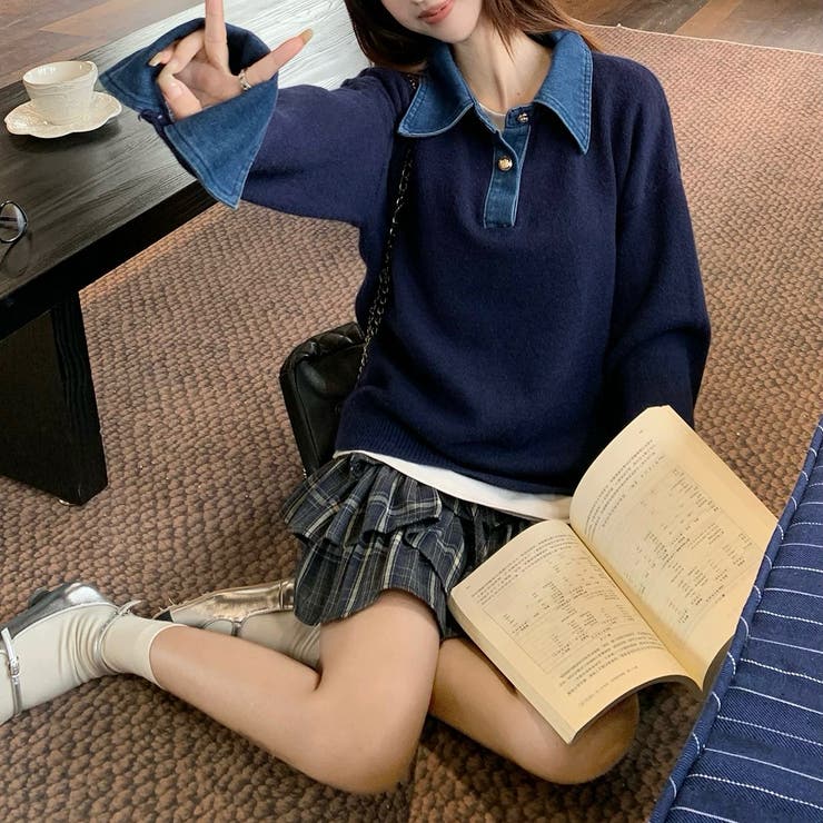 デニム切替フェイクレイヤードニットトップス | Alvia | 詳細画像3 