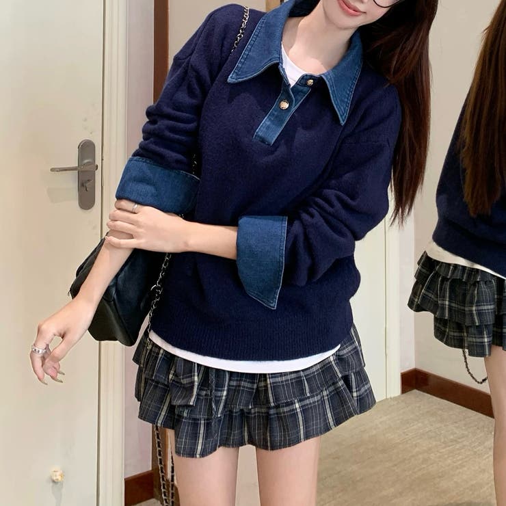 デニム切替フェイクレイヤードニットトップス | Alvia | 詳細画像4 