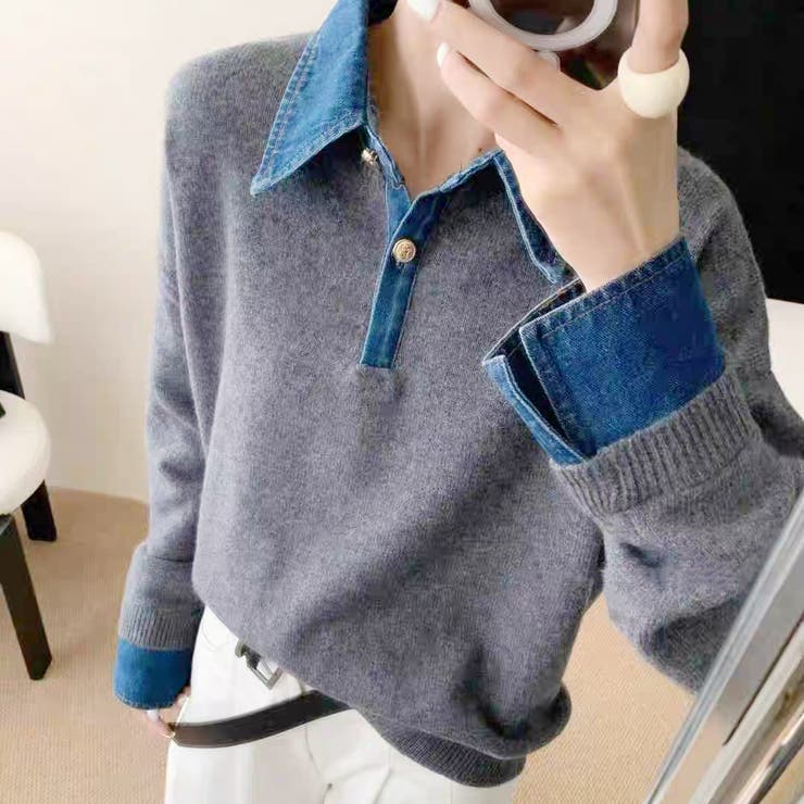 グレー | デニム切替フェイクレイヤードニットトップス | Alvia