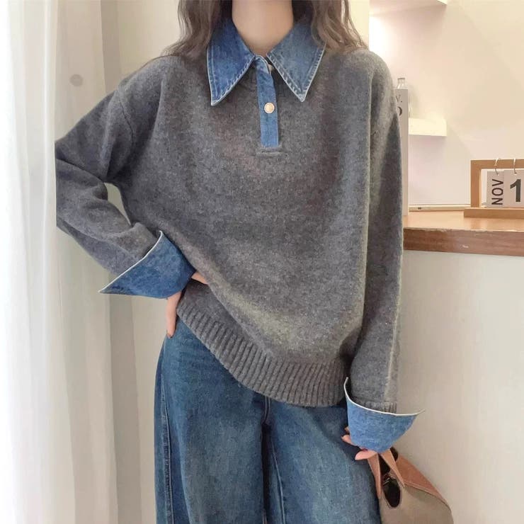 デニム切替フェイクレイヤードニットトップス | Alvia | 詳細画像14 