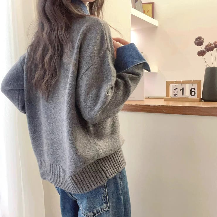 デニム切替フェイクレイヤードニットトップス | Alvia | 詳細画像15 