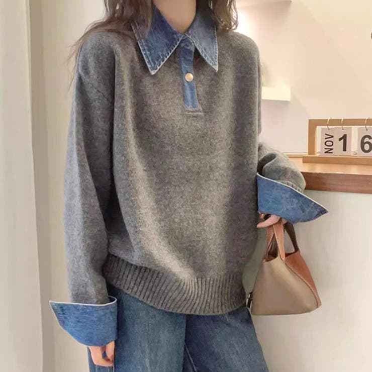 デニム切替フェイクレイヤードニットトップス | Alvia | 詳細画像16 