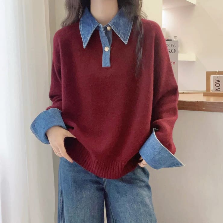 レッド | デニム切替フェイクレイヤードニットトップス | Alvia