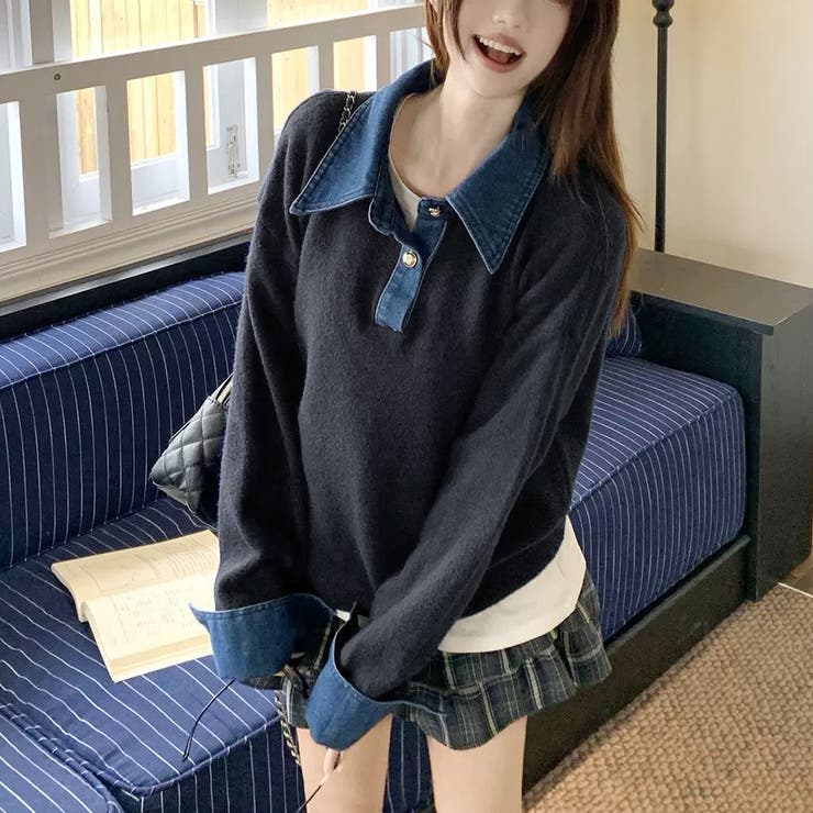 デニム切替フェイクレイヤードニットトップス | Alvia | 詳細画像10 