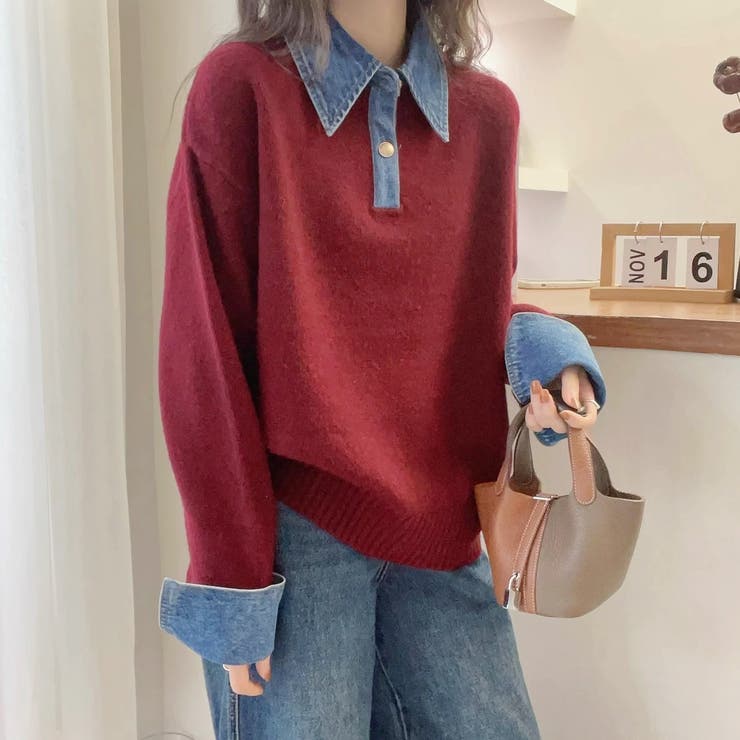 デニム切替フェイクレイヤードニットトップス | Alvia | 詳細画像18 