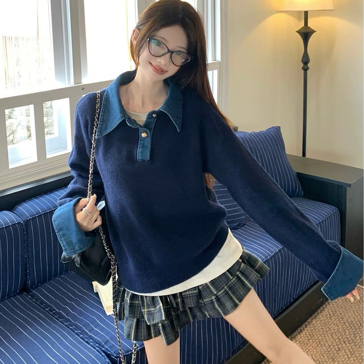 デニム切替フェイクレイヤードニットトップス | Alvia | 詳細画像5 