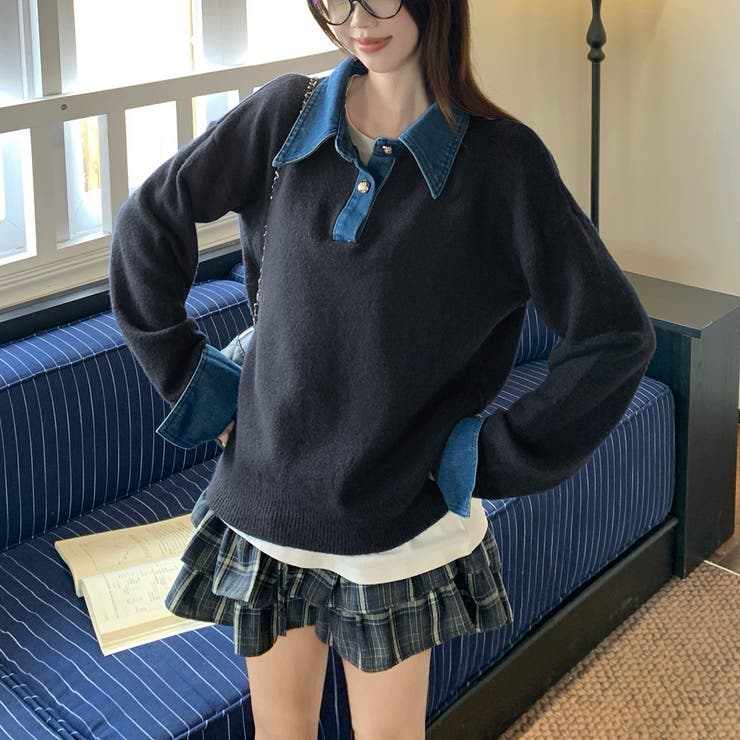 ブラック | デニム切替フェイクレイヤードニットトップス | Alvia