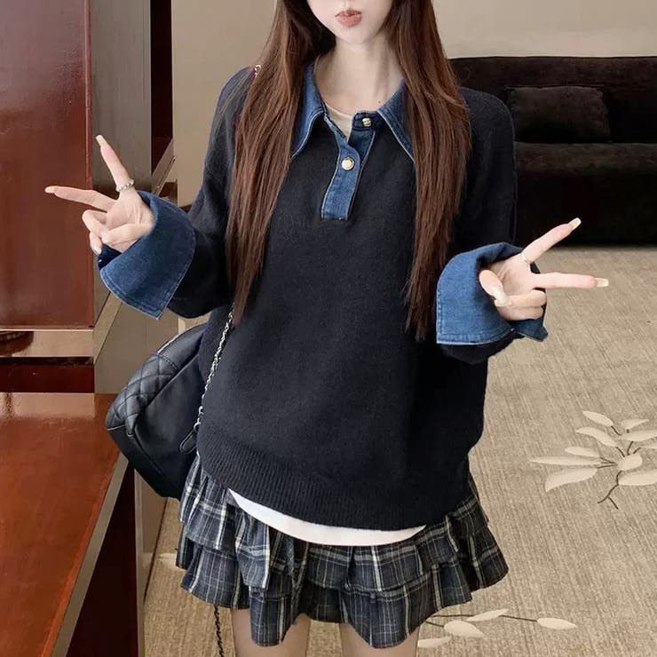 デニム切替フェイクレイヤードニットトップス | Alvia | 詳細画像11 