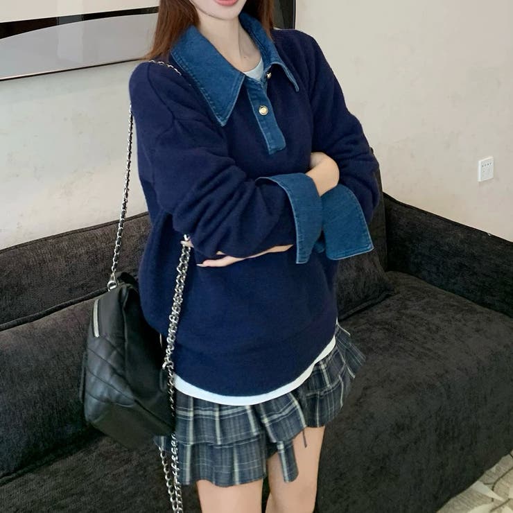 デニム切替フェイクレイヤードニットトップス | Alvia | 詳細画像8 