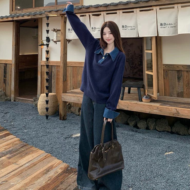 デニム切替フェイクレイヤードニットトップス | Alvia | 詳細画像7 