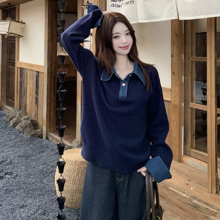 デニム切替フェイクレイヤードニットトップス | Alvia | 詳細画像6 