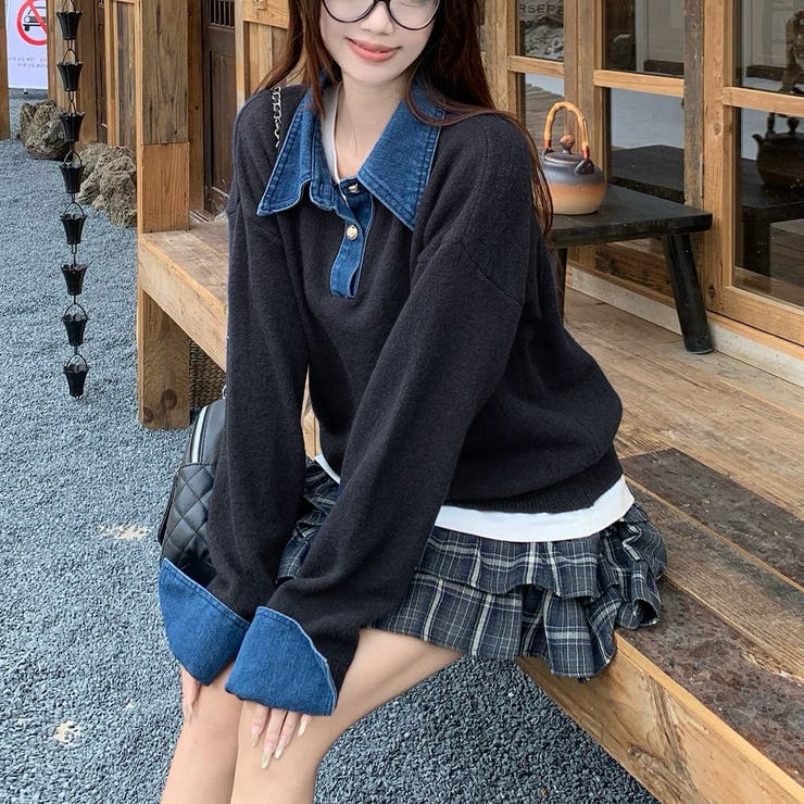 デニム切替フェイクレイヤードニットトップス | Alvia | 詳細画像12 