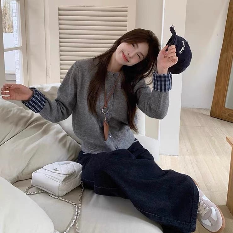 グレー | チェック切り替えレイヤード風ニットカーディガン（ブラック／グレー） | Alvia