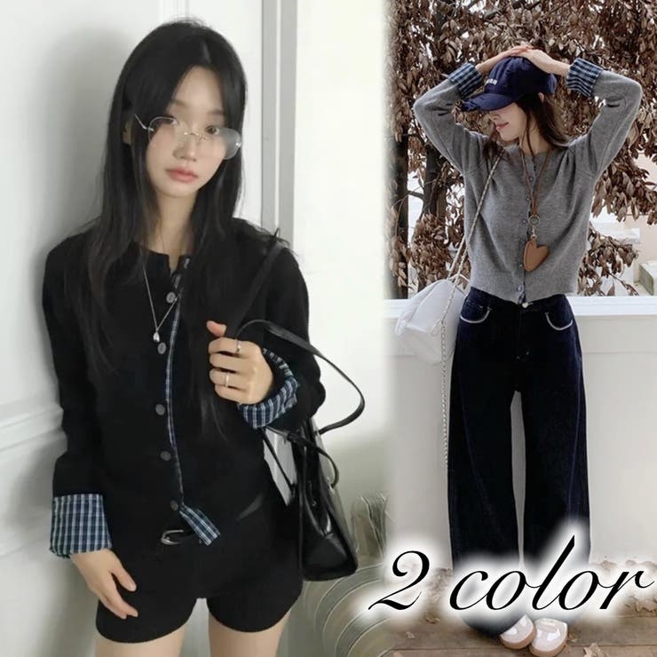 チェック切り替えレイヤード風ニットカーディガン（ブラック／グレー） | Alvia | 詳細画像1 