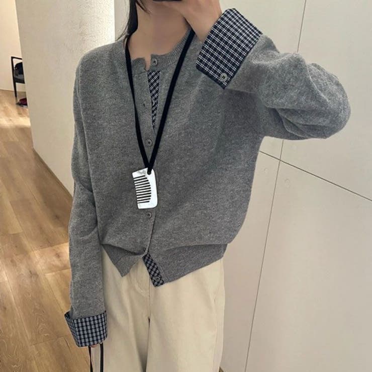 チェック切り替えレイヤード風ニットカーディガン（ブラック／グレー） | Alvia | 詳細画像12 