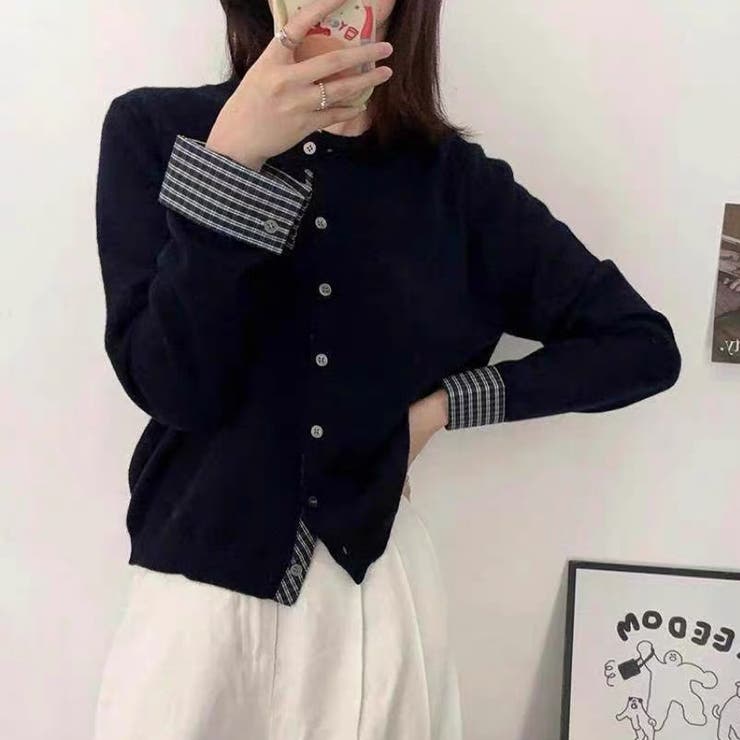 チェック切り替えレイヤード風ニットカーディガン（ブラック／グレー） | Alvia | 詳細画像13 