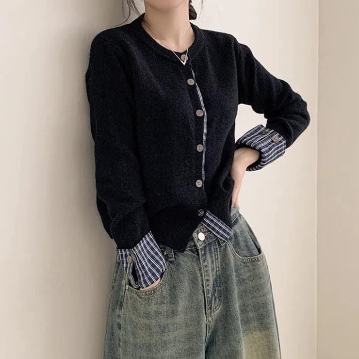 チェック切り替えレイヤード風ニットカーディガン（ブラック／グレー） | Alvia | 詳細画像2 