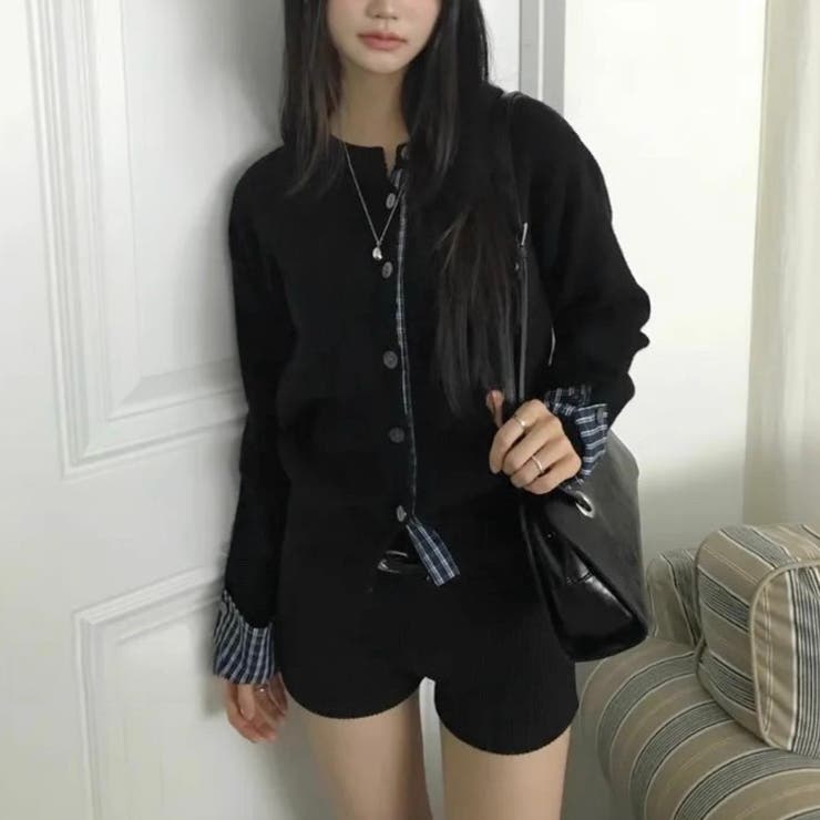 チェック切り替えレイヤード風ニットカーディガン（ブラック／グレー） | Alvia | 詳細画像4 