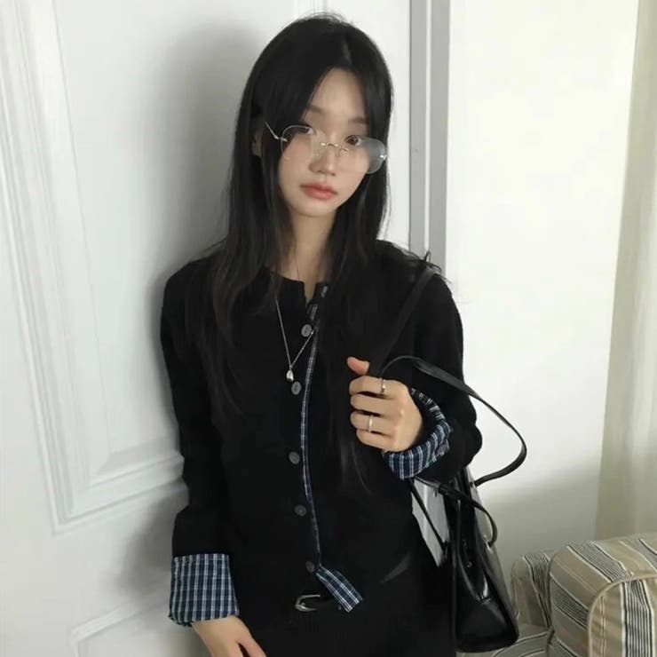 チェック切り替えレイヤード風ニットカーディガン（ブラック／グレー） | Alvia | 詳細画像5 