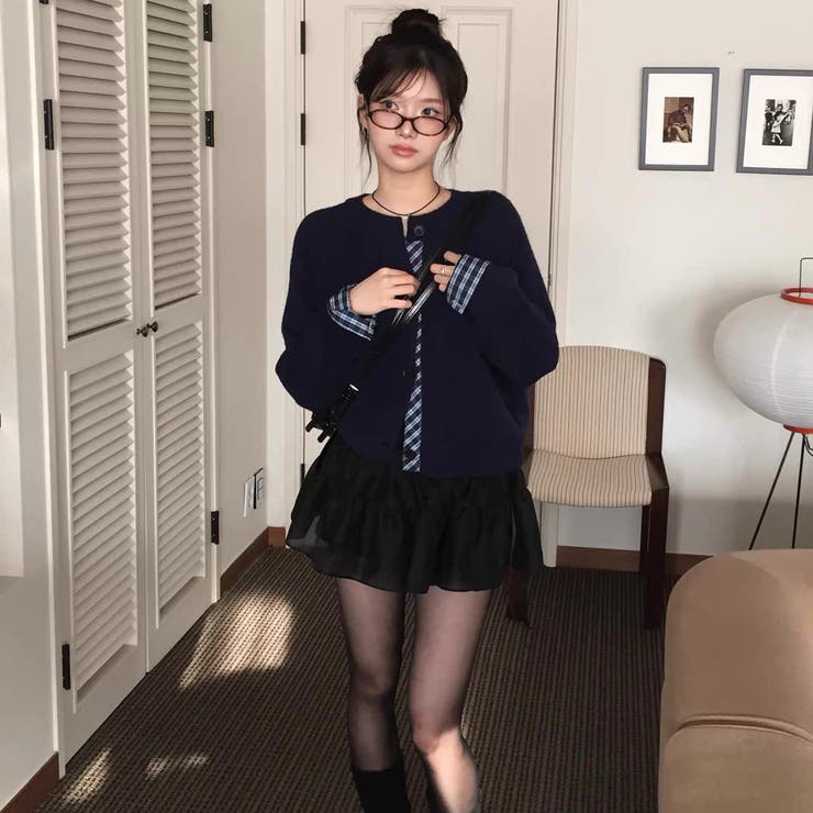 ブラック | チェック切り替えレイヤード風ニットカーディガン（ブラック／グレー） | Alvia