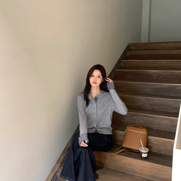 チェック切り替えレイヤード風ニットカーディガン（ブラック／グレー） | Alvia | 詳細画像7 