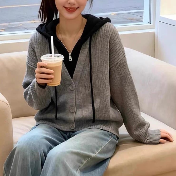 フード付きレイヤード風ニットカーディガン／カジュアル羽織り | Alvia | 詳細画像2 