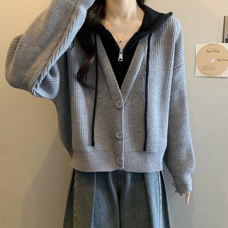 グレー | フード付きレイヤード風ニットカーディガン／カジュアル羽織り | Alvia
