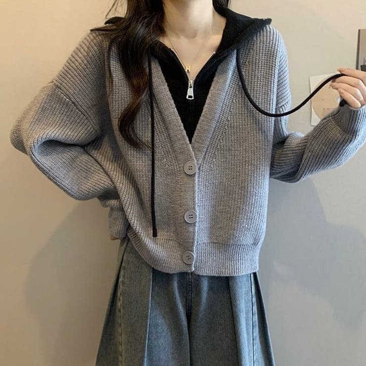 フード付きレイヤード風ニットカーディガン／カジュアル羽織り | Alvia | 詳細画像12 