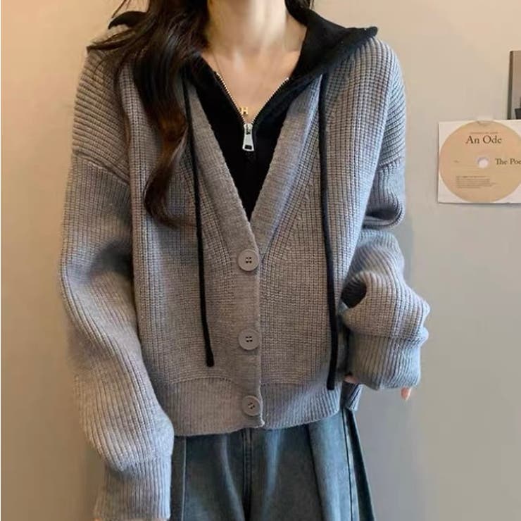 フード付きレイヤード風ニットカーディガン／カジュアル羽織り | Alvia | 詳細画像3 