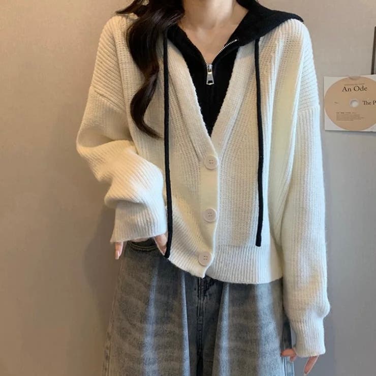 フード付きレイヤード風ニットカーディガン／カジュアル羽織り | Alvia | 詳細画像4 