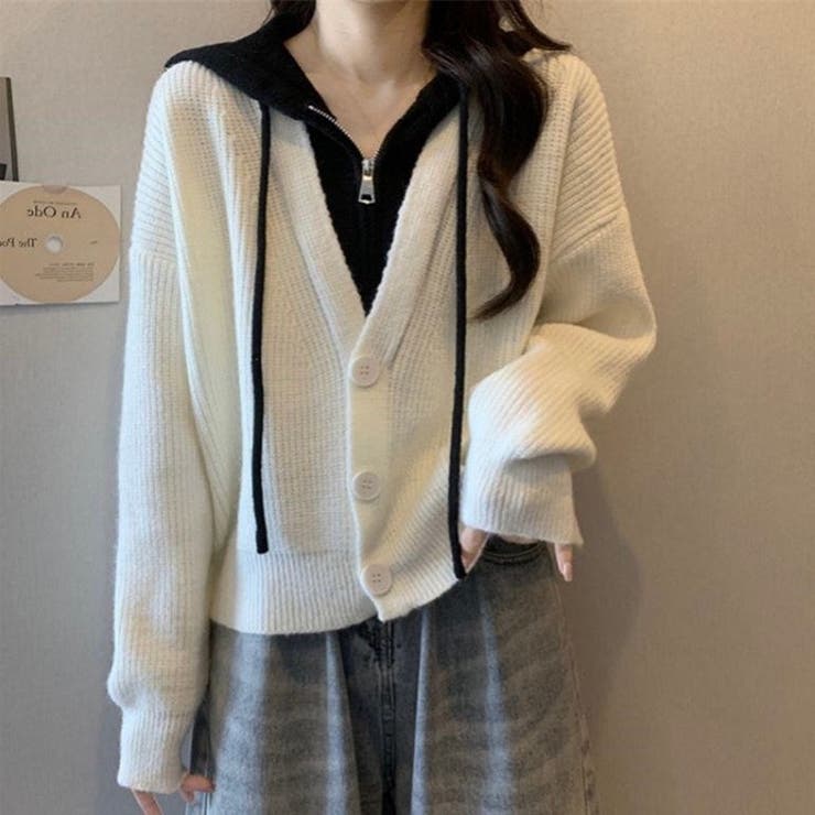 フード付きレイヤード風ニットカーディガン／カジュアル羽織り | Alvia | 詳細画像6 