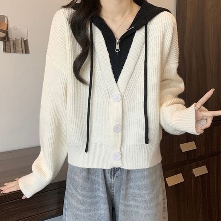 フード付きレイヤード風ニットカーディガン／カジュアル羽織り | Alvia | 詳細画像7 