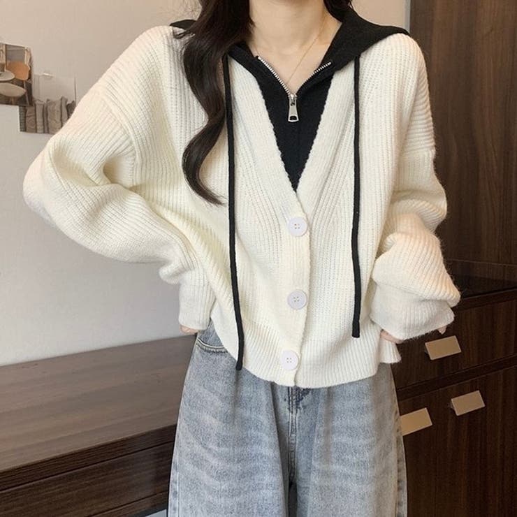 フード付きレイヤード風ニットカーディガン／カジュアル羽織り | Alvia | 詳細画像8 