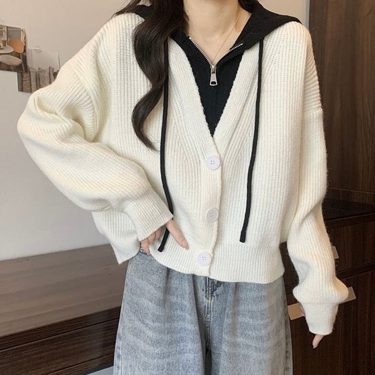 フード付きレイヤード風ニットカーディガン／カジュアル羽織り | Alvia | 詳細画像9 