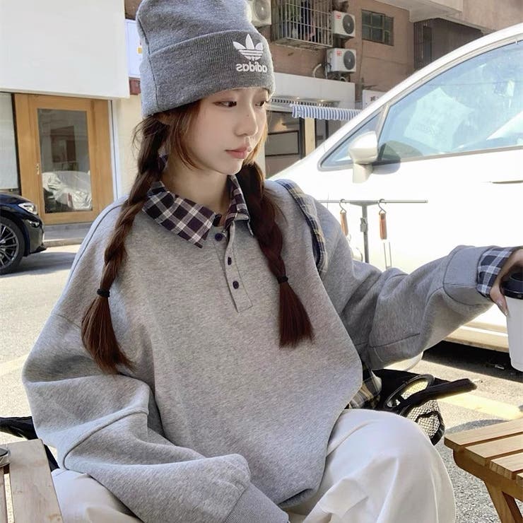 チェック切替 オーバーサイズ裏起毛フェイクレイヤードプルオーバー/トレーナー | Alvia | 詳細画像1 