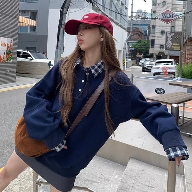 チェック切替 オーバーサイズ裏起毛フェイクレイヤードプルオーバー/トレーナー | Alvia | 詳細画像2 