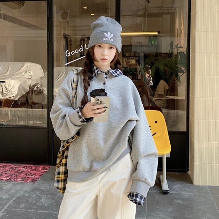 チェック切替 オーバーサイズ裏起毛フェイクレイヤードプルオーバー/トレーナー | Alvia | 詳細画像13 