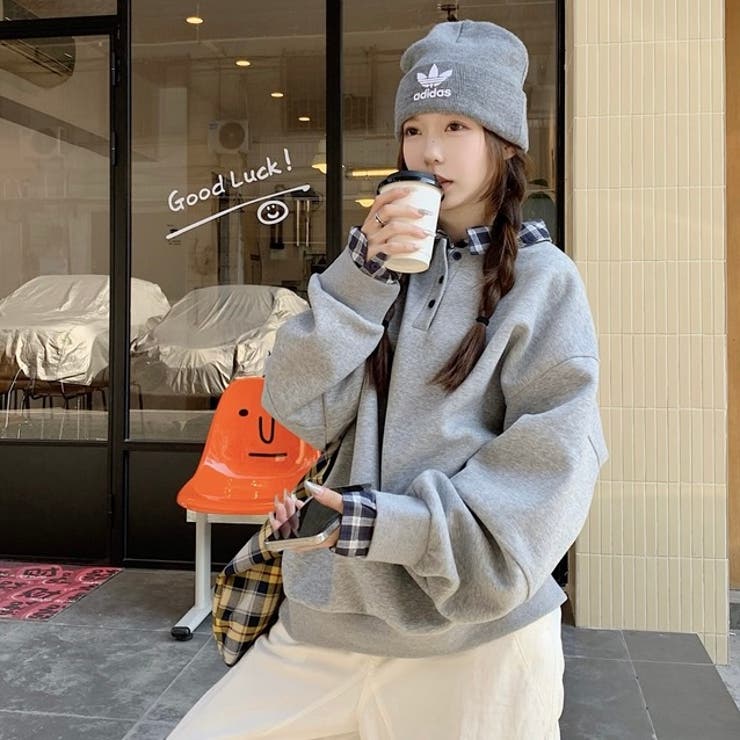 チェック切替 オーバーサイズ裏起毛フェイクレイヤードプルオーバー/トレーナー | Alvia | 詳細画像14 