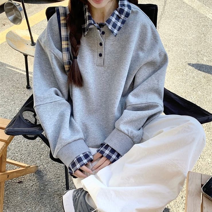 チェック切替 オーバーサイズ裏起毛フェイクレイヤードプルオーバー/トレーナー | Alvia | 詳細画像16 
