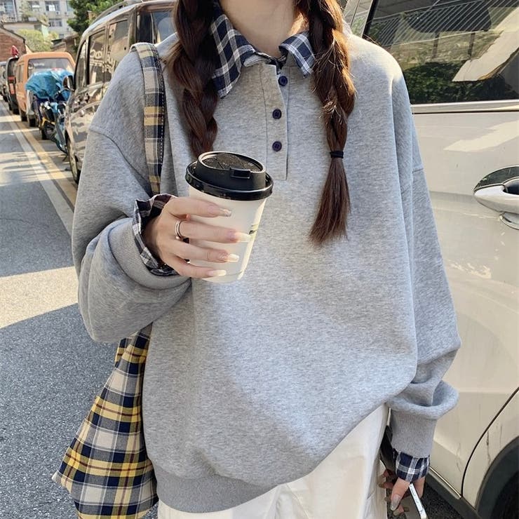 チェック切替 オーバーサイズ裏起毛フェイクレイヤードプルオーバー/トレーナー | Alvia | 詳細画像17 