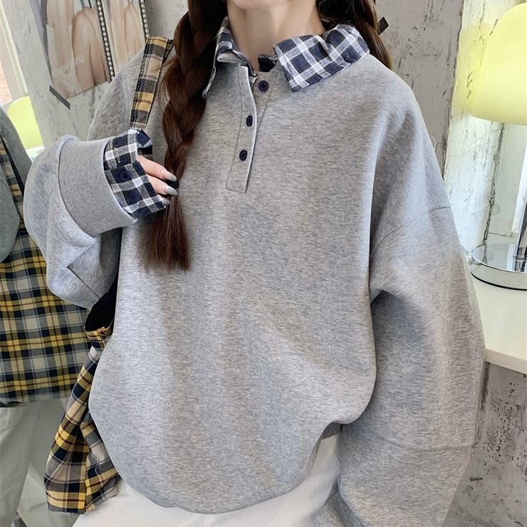 グレー | チェック切替 オーバーサイズ裏起毛フェイクレイヤードプルオーバー/トレーナー | Alvia