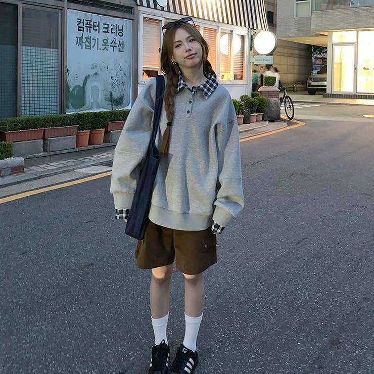 チェック切替 オーバーサイズ裏起毛フェイクレイヤードプルオーバー/トレーナー | Alvia | 詳細画像7 