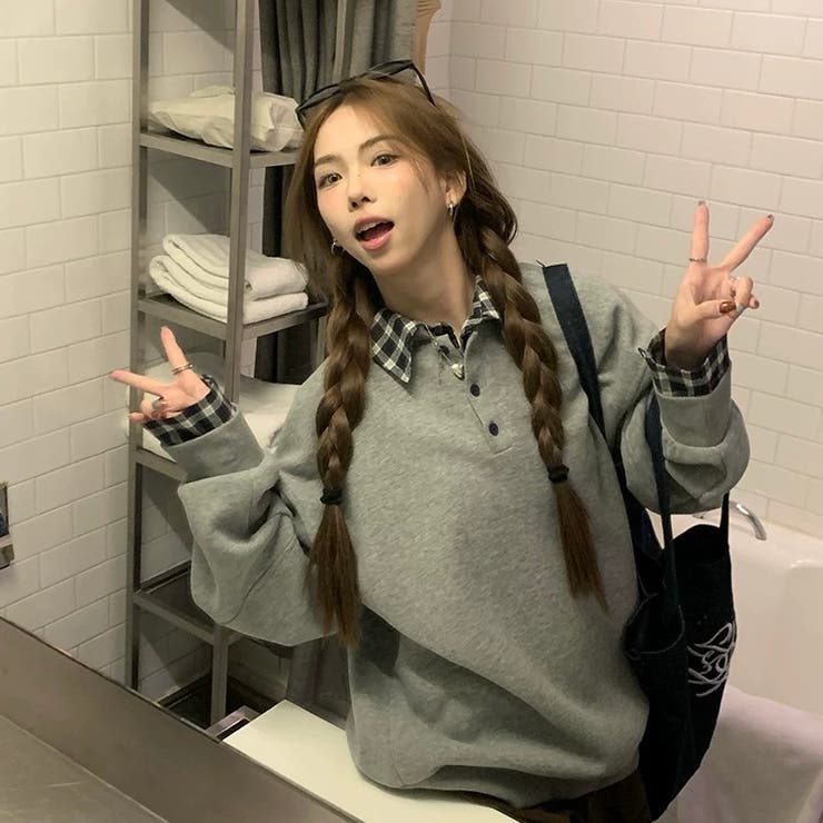 チェック切替 オーバーサイズ裏起毛フェイクレイヤードプルオーバー/トレーナー | Alvia | 詳細画像9 