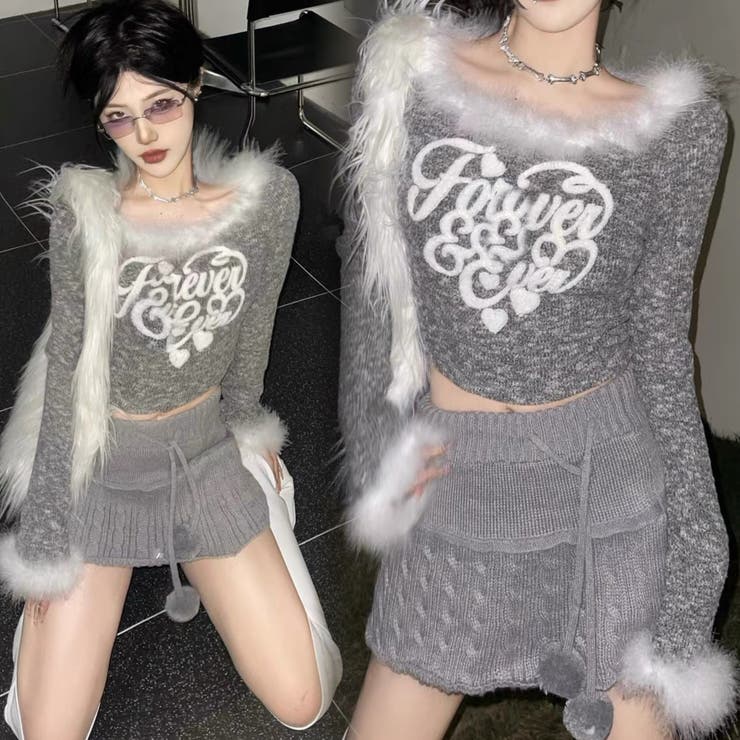 ショート丈ファー付きサガラ刺繍ハートロゴトップス | Alvia | 詳細画像1 