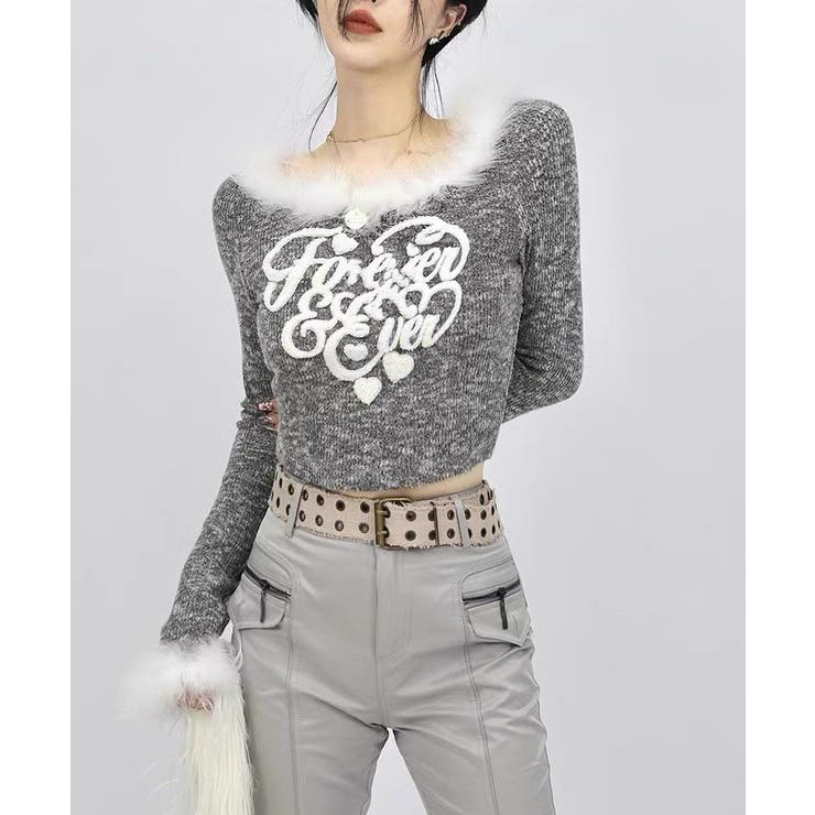 ショート丈ファー付きサガラ刺繍ハートロゴトップス | Alvia | 詳細画像4 